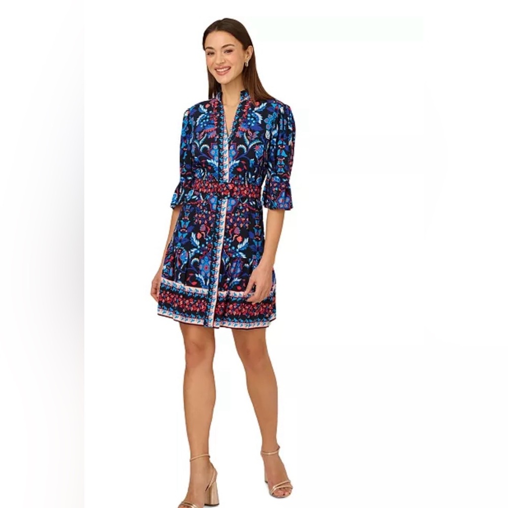 Adrianna Papell Blue Floral Border-Print Flounce Dress